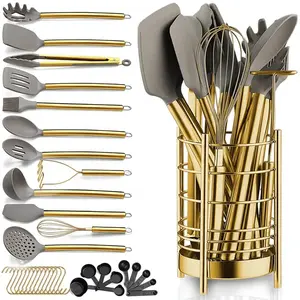 Kitchen Utensils Set, Heat Resistant Non-Stick Silicone & Plastic Handles, Includes Spoon, Knife, Strainer, Brush, Whisk, Spaghetti Server