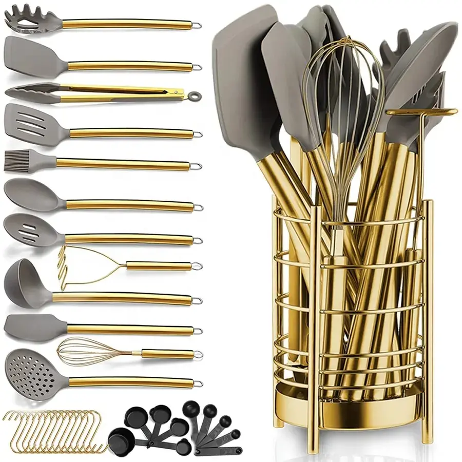 Kitchen Utensils Set, Kitchen Cooking Utensils, Heat Resistant Non-Stick Silicone & Plastic Handles, Includes Spoon, Knife, Strainer, Brush, Whisk, Spaghetti Server