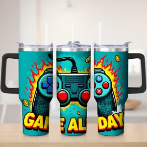 Double Wall Insulated Tumbler Mug Teal Color Gaming Controller Flame Design With Cool Down Text Outdoor Adventure Travel Use