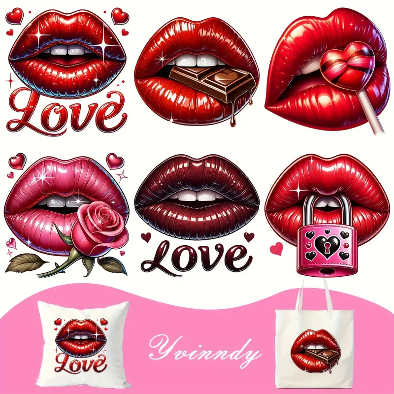 Set of 6 Sexy Red Lip Stickers for Valentine'S Day, Perfect for Projects. These Thermal Heat Transfer Stickers Are Washable And Can Be Ironed Onto T-Shirts Or Used As Patches.