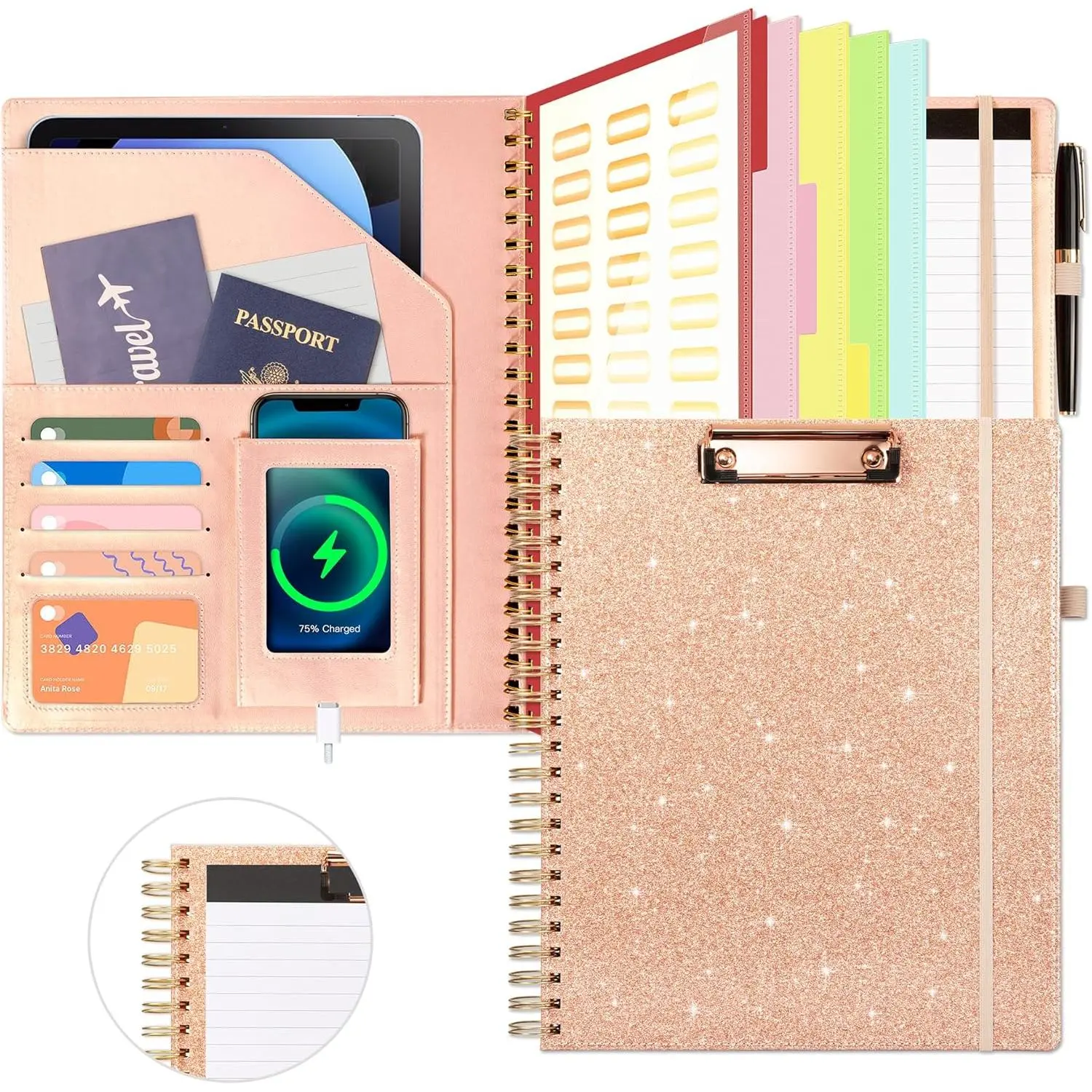 Rose Color Leather Clipboard with Storage - Office Portfolio Organizer, Foldable, 5 Folders with 10 Pockets, Spiral Letter Size Folio with Notepad, Elastic Closure, Pen Loop, for Mother’s Day, Thanksgiving, Valentine’s Day