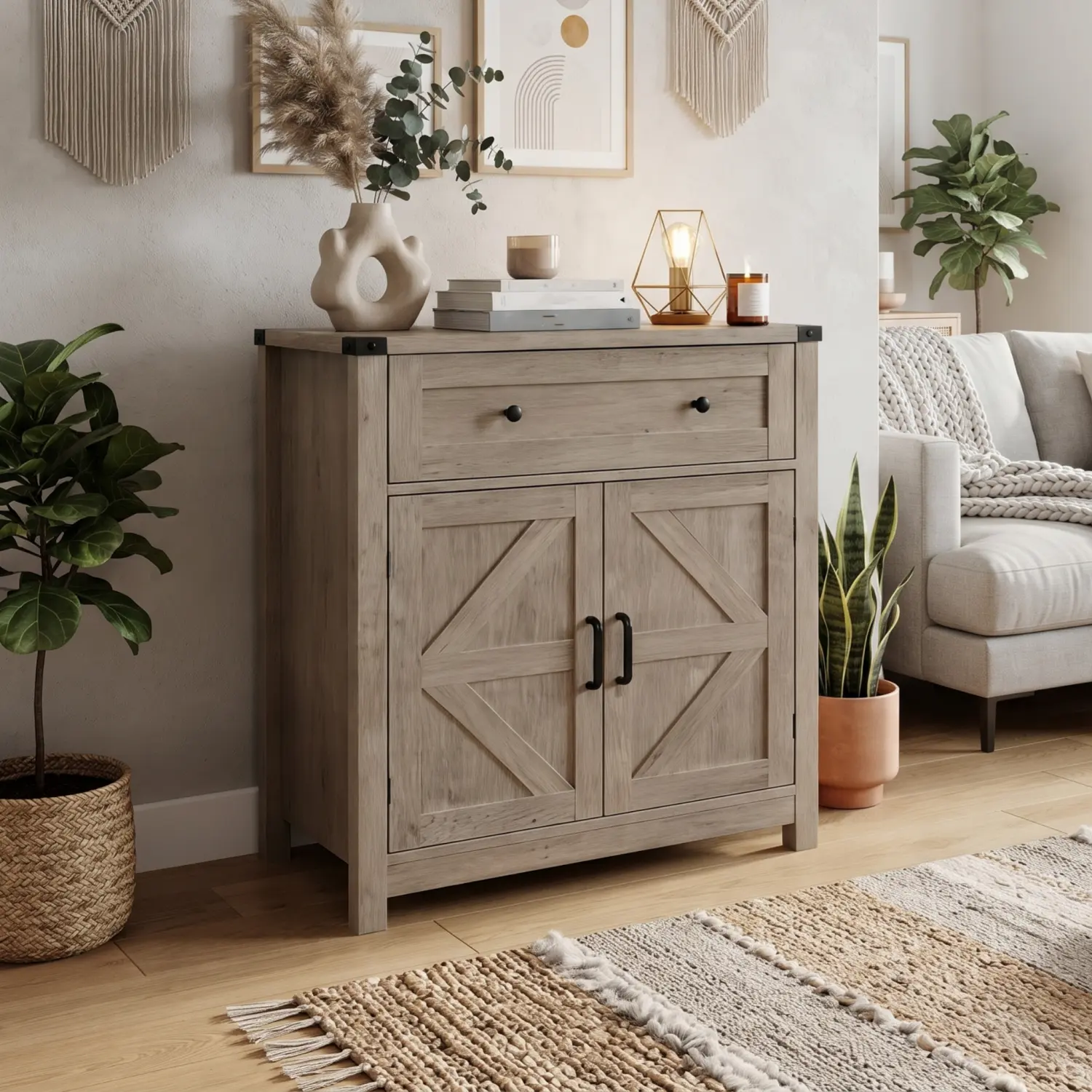Light Gray Washed Wood Farmhouse Barn Door Sideboard Buffet Cabinet With Drawer, Storage Coffee Bar Cabinet For Kitchen Living Room