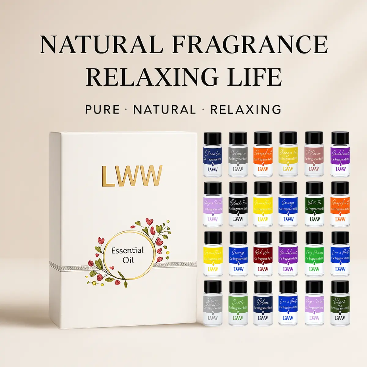 LWW Essential Oil Refills - Car Fragrance Set, 24-Pack 10mL Multiple Bottles Assorted Scents (240mL Total), Refill-Only Aromatherapy for Car Diffusers Enhancing Space (No Diffuser Included)