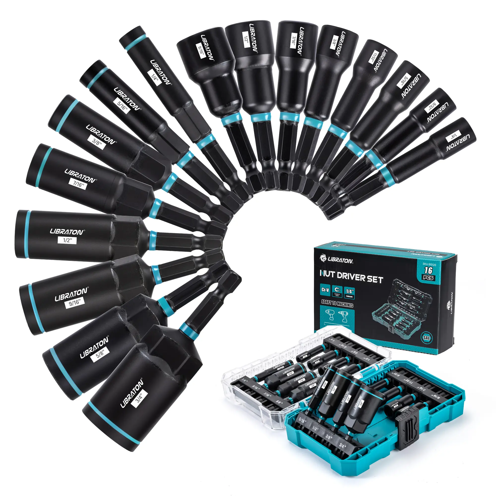 LIBRATON Magnetic Nut & Driver Set, 16pc Impact Driver Bit Set, 1/4"-9/16" Nut & 1/4"-4/3" Deep Nut Drivers, SAE Drive, Toolbox for Car Repairs