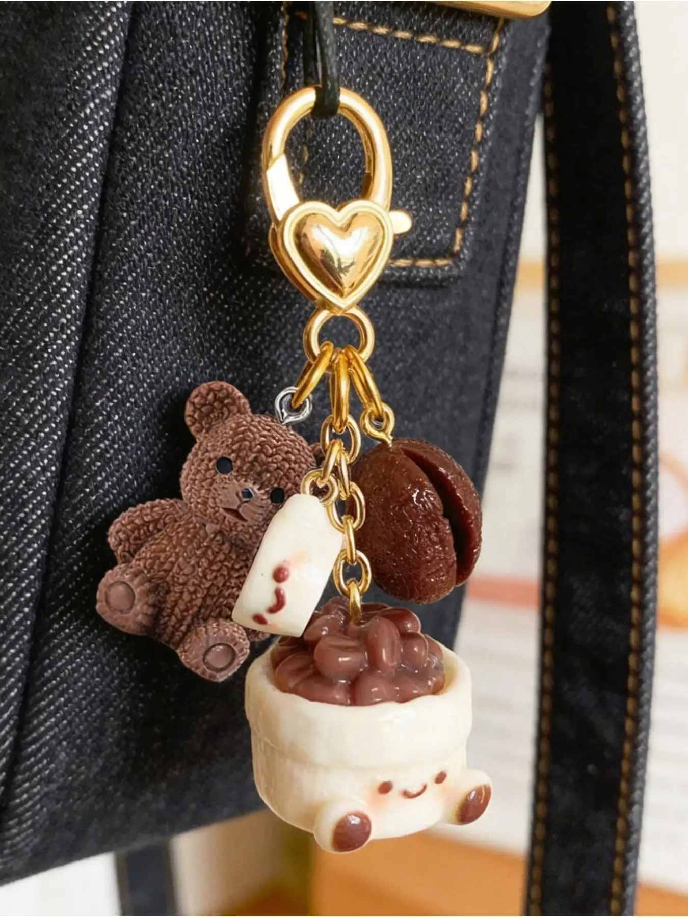 1pc Cute Coffee Bean & Teddy Bear Keychain,Coffee Bean Bag Pendant,Fashion Accessories,Coffee Cup Shaped Keychain