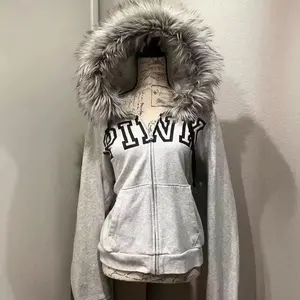 grayvelvetthickenedhoodedsweatshirtjacketforwomenretroslimhottiedesignwarmzipperjacket