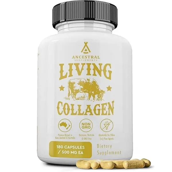 Ancestral Supplements Grass Fed Beef Living Collagen Powder 3000mg Type II 180 Capsules for Skin Hair Nails Joints Optimum Wellness Supports Joint Health & Connective Tissue Vitality