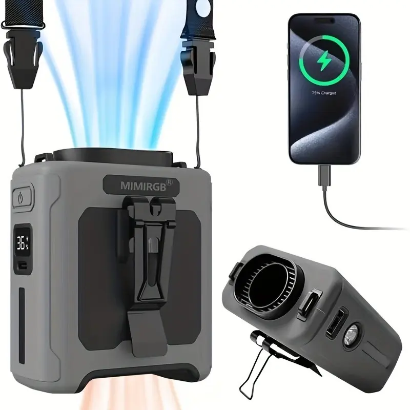 5 Gear Metal Model” 10000mAh Neck Mounted Waist Clip Fan + Charger | Strong Wind | LED Screen Display | USB Charging | Outdoor First Aid SOS Bursting Lights