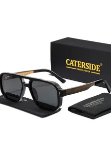 CATERSIDE 1 pair of packaged, non-clip-on spring hinge trendy casual sunglasses with solid wood temple and flat double bridge in 3 colors to choose from. Studio props/island vacation/city stroll/coffee shop check-in/Outdoor picnic