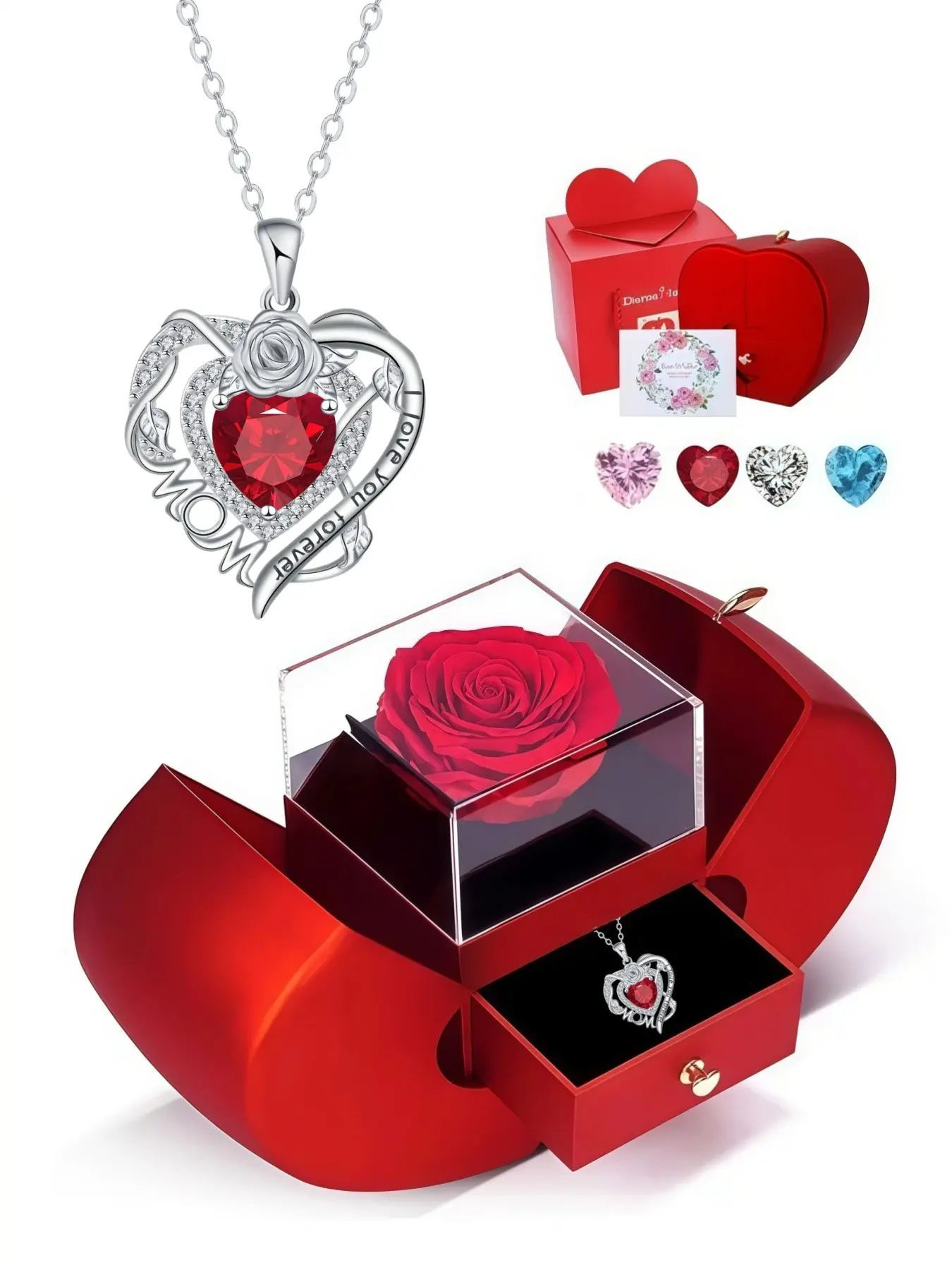 Rose Heart Forever Mom Original heart-shaped rose pendant, simple clavicle necklace, Love heart necklace, paired with an apple-shaped preserved rose jewelry gift box, ideal gift for birthdays, Mother's Day, Valentine's Day