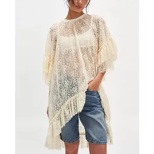 Women’s Lace Tunic Tops 3/4 Sleeve Solid Color Loose Fit High Low Hem Ruffle Shirts Spring Summer Dress