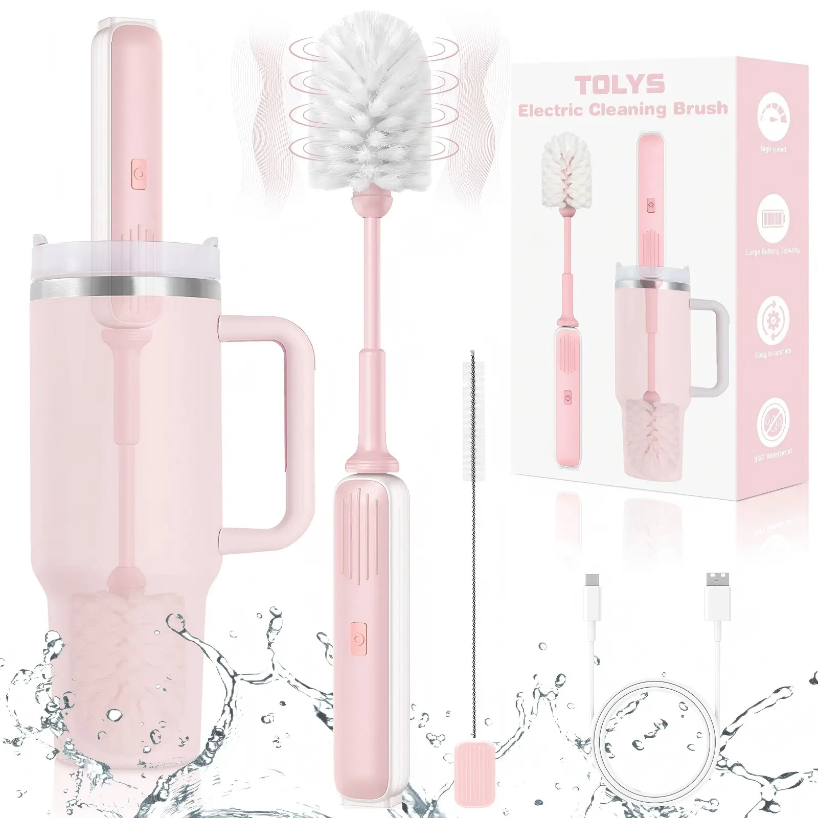 3 in 1Electric Water Bottle Brush Set,Long Handle Bottle Brush with Straw Brush,Kitchen Cleaning Tool for Tumblers, Mugs, Glasses, Jars & Stanley Cup