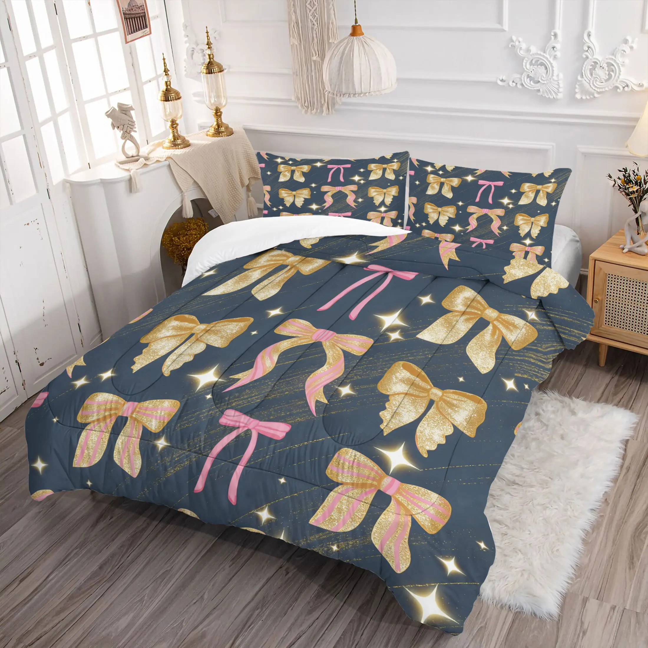 2/3PCS Cute Glitter Pink Gold Bow Comforter Set, Coquette Aesthetic Quilt, Soft Microfiber Bedding Set with Pillowcase, Starry Bow Print Bed Set for Girls, Bedroom & Dorm Decor