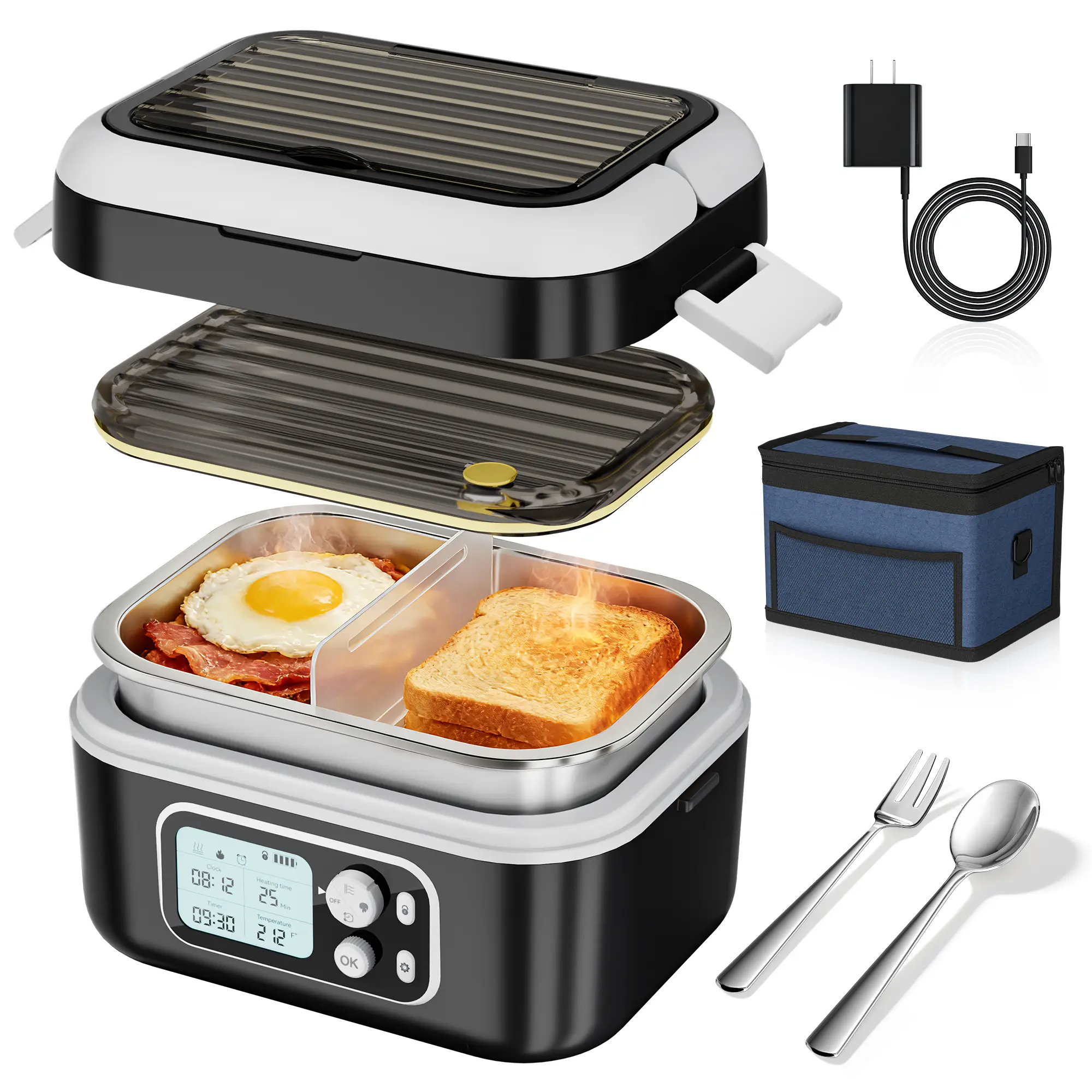 Yofidra Cordless Heated Lunch Box - 24000mAh 100W Electric Leakproof Insulated Lunchbox with Smart Timer, 6.3-Cup Multi-Compartment, Black Stainless Steel Tableware, Portable Food Warmer Bag for Office, Long Road Trip,home essentials