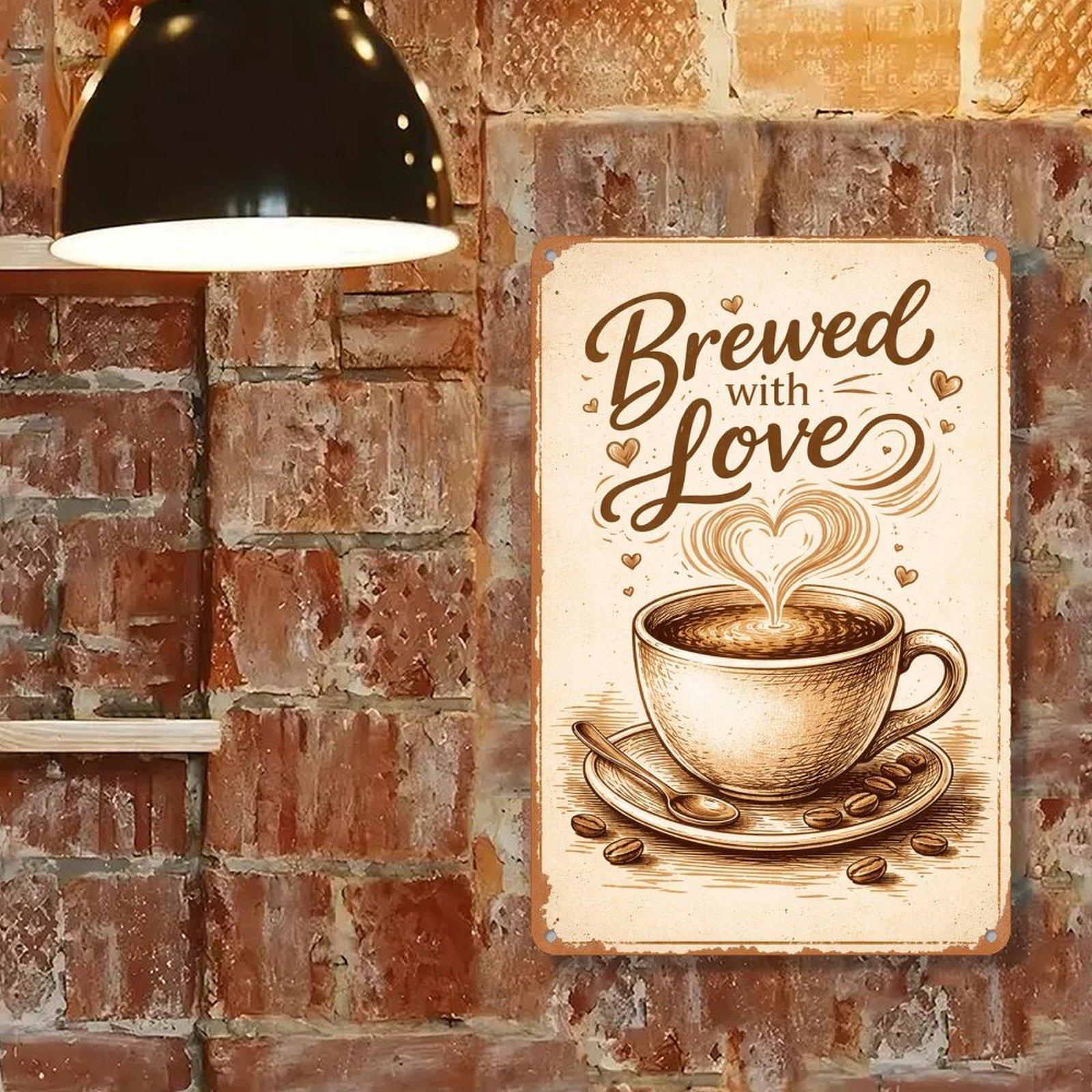 Brewed with Love – Coffee Cup Retro Art Print – 8x12 Inch Metal Sign for Kitchen, Café, or Home Decor