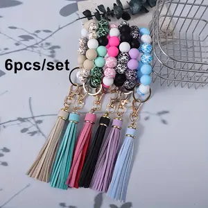 6pcs/set Wooden Beads And Bead Shaped Wristband Keychains with Tassels, Perfect for DIY Jewelry Or Handbag Keychains, Suitable As Gifts for Friends And Mothers anime accessories