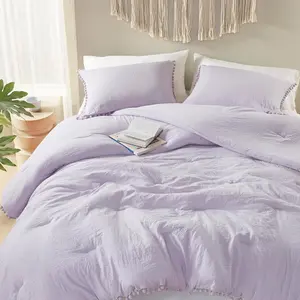 Lavender Purple Boho  Comforter Set for Girls, Aesthetic Pom Fringe Design Cute Bedding, Soft Washed Microfiber Bed Sets, Lightweight Chic,1 Comforter & 1 Pillowcase