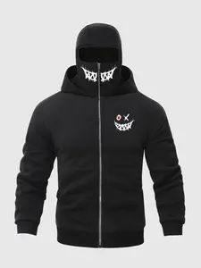 Men's Winter Hooded Fitted Knit Long Sleeve Sweatshirt with Zipper and Face Mask Design, Fun Smiley Print, Warm Casual Outdoor Sports Jacket, Graphic Hoodies, Heavy Hoodie, Casual Hoodie Pullovers