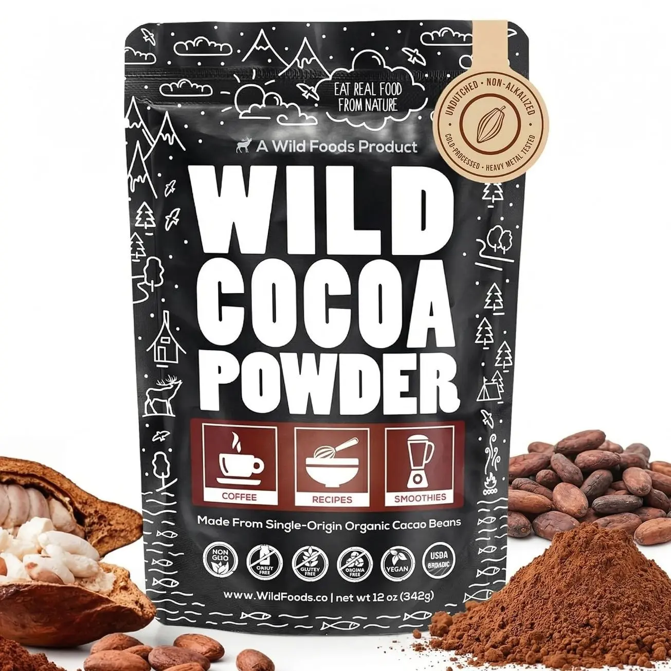 Wild Foods Organic Cocoa Powder | Single Origin Unsweetened Keto Chocolate Powder for Cooking & Baking | 100% Natural Cacao Beans | Sugar Free Non Dutch Raw Superfood | 12 oz
