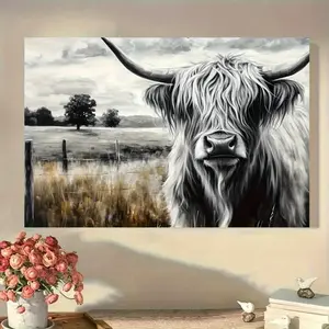 1 Piece Country Style Highland Cow Canvas Wall Art - 40x 60cm Vintage Wooden Frame Decorative Painting, Suitable for Living Room, Bedroom, Office - Christmas, Halloween, Easter Seasonal Decoration, No Electricity Required, Home Decoration, Pastoral Aesthe