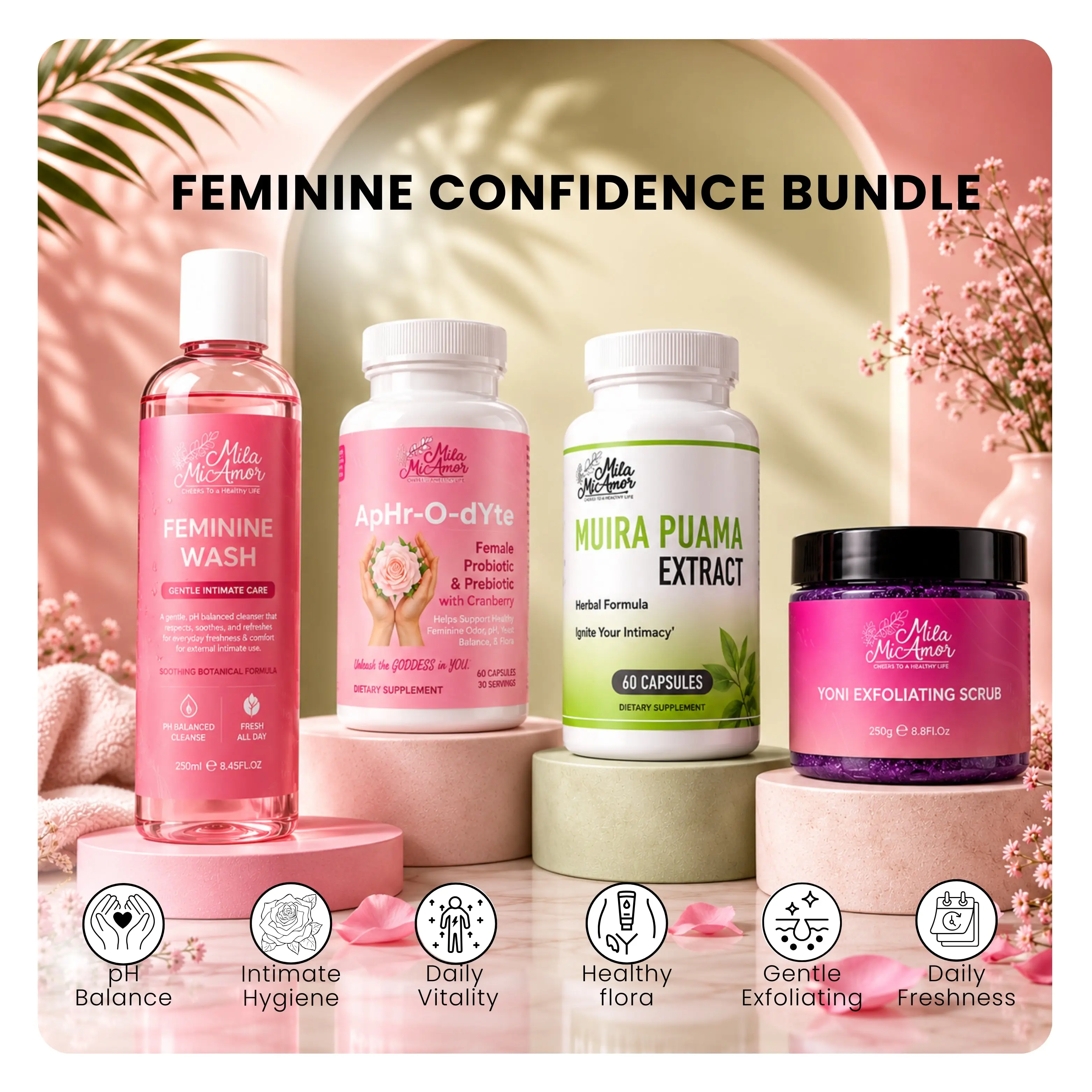 TT Exclusive Feminine Confidence Bundle – Feminine Wash, Female Probiotic & Prebiotic with Cranberry, Muira Puama Extract & Yoni Exfoliating Scrub – Supports Freshness, Feminine Flora, Intimate Wellness & Desire