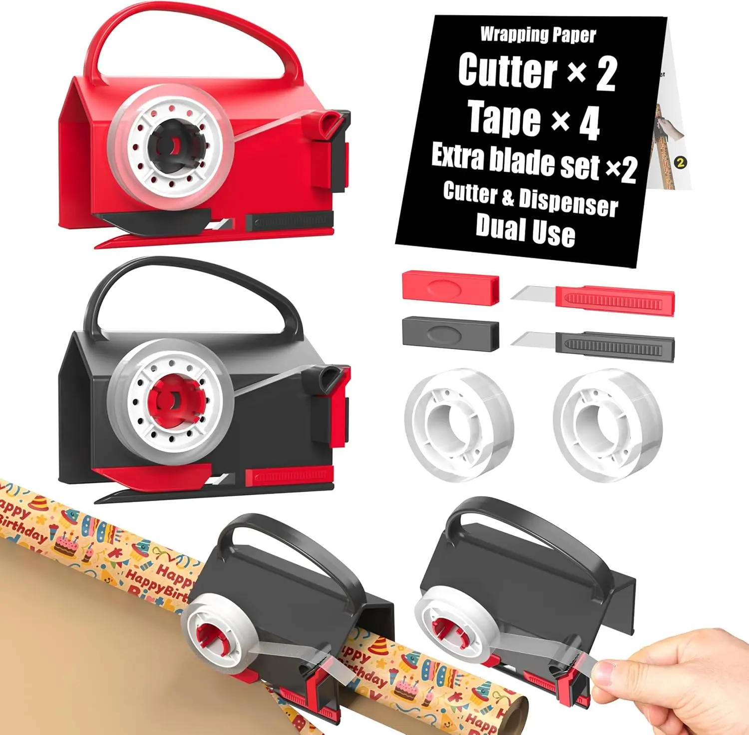 VEEVEO Wrapping Paper Cutter & Tape Dispenser 2-Pack with 4 Tapes & 2 Replace Blades for Christmas Birthday Holiday Gift Wrapping, Hassle-Free Gift Wrapping, Office,back to school,back to school haul