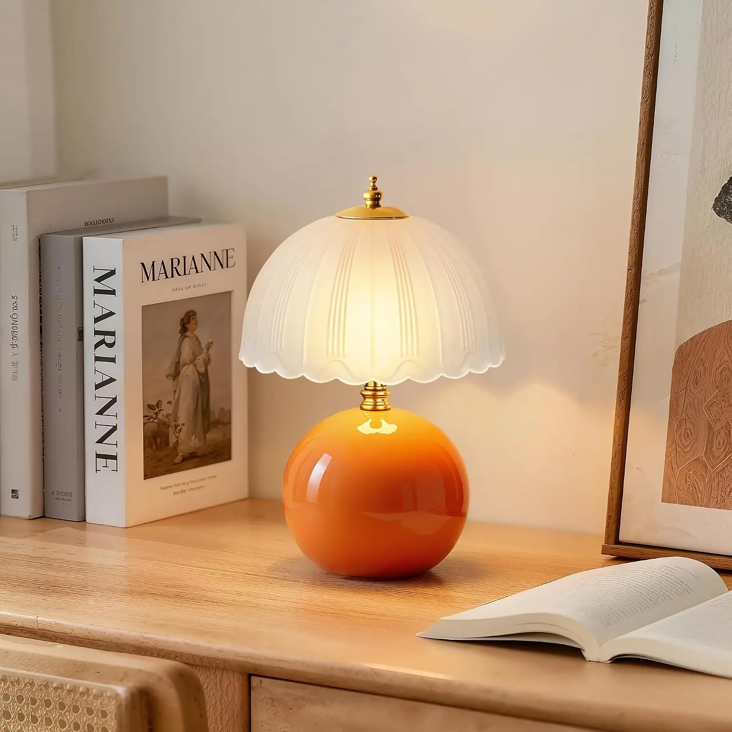 Mushroom Table Lamp, Ceramic Bedside Lamp with Glass Shade, 3-Way Lighting (2700K-5000K) Rocker Switch, Small Nightstand Lamp for Bedroom, Living Room, Office