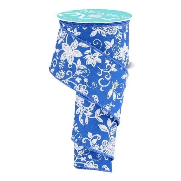 2.5" x 10yd Dainty Floral Applique Ribbon – Royal Blue/White