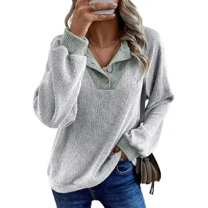 Womens Fall Fashion 2025 Womens Long Sleeve Shirts Patchwork Button Up V Neck Sweatshirt Casual Pullover Tops