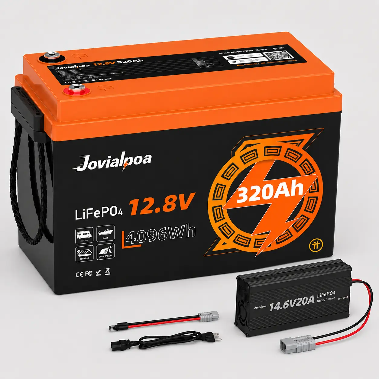 LEP 12V 320Ah 4096Wh LiFePO4 Battery Pack & Charger Kit - 12.8v/320ah LiFePO4 Cells Lithium Pack, 20A Plug-In Charger, 200A Smart BMS, Bluetooth 5.0 for RV Solar Off-Grid Use Energy Storage
