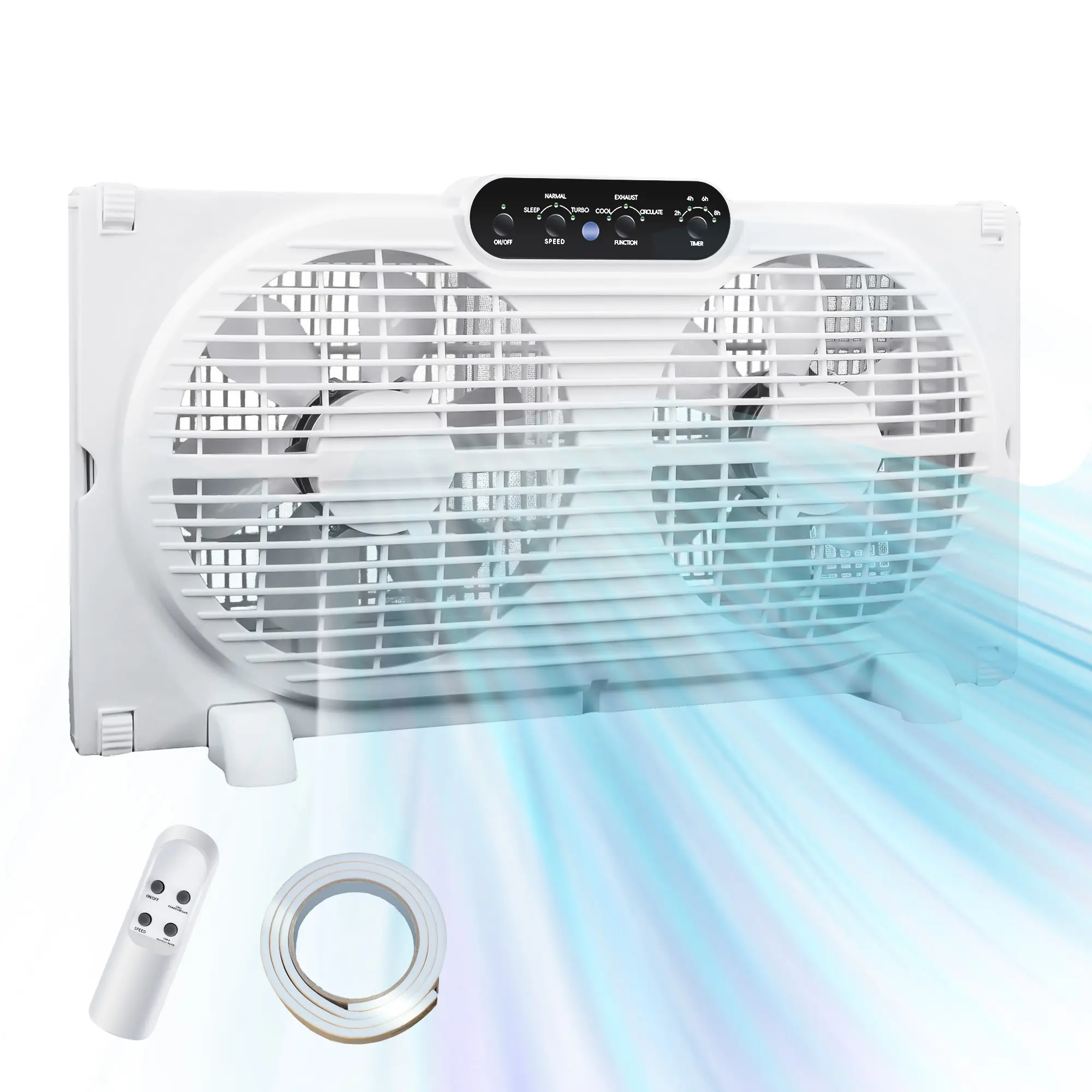 NEW 9 in Twin Window Fan, Exhaust fan for Home Users - 3-Way Reversible Airflow, Airflow Control, Remote Control, 23.5"-37" Adjustable Width, Universal Mount, Medium Foam Sealing Strip, Airflow Efficiency Boost,added timer function and insect mesh