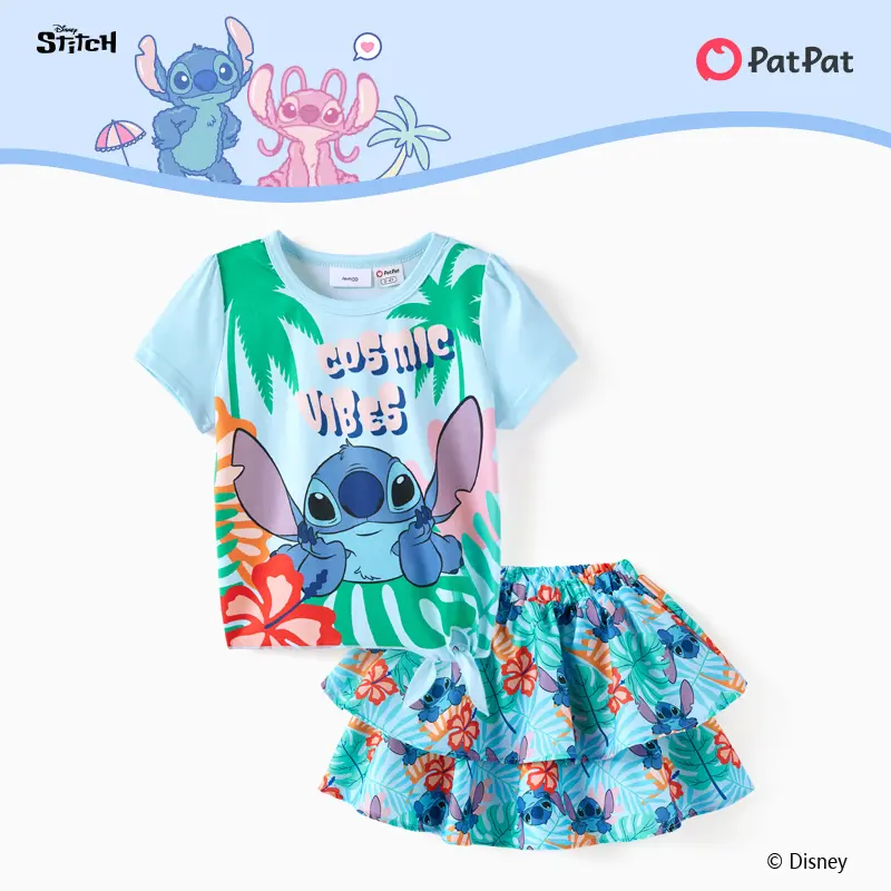 Disney Stitch Girls 2-Piece Outfit - Tropical Print T-Shirt & Layered Skirt Set, Cosmic Vibes Lilo & Stitch Character Apparel for Toddlers & Little Girls, Summer Casual Set