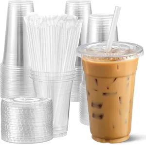 [100 Sets] 12 oz Clear Plastic Cups With Lids and Straws, Disposable Cups With Lids for Iced Coffee, Smoothie, Milkshake and Cold Drinks