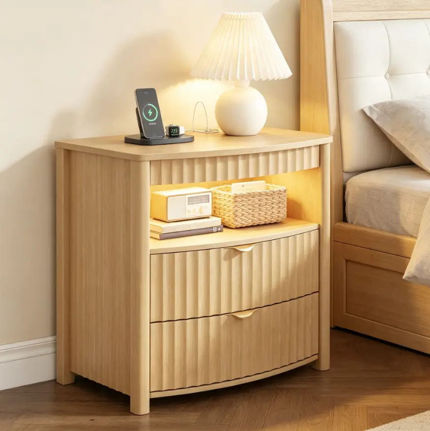Dystler 23.6In Fluted Curved Shape Wood Finish Night Stand, LED Bedside Table with Motion Sensor Lights, Charging Station, Secure Hidden Gun Drawer, 2 Drawers & Open Shelf Bedroom Furniture (Requires Assembly)