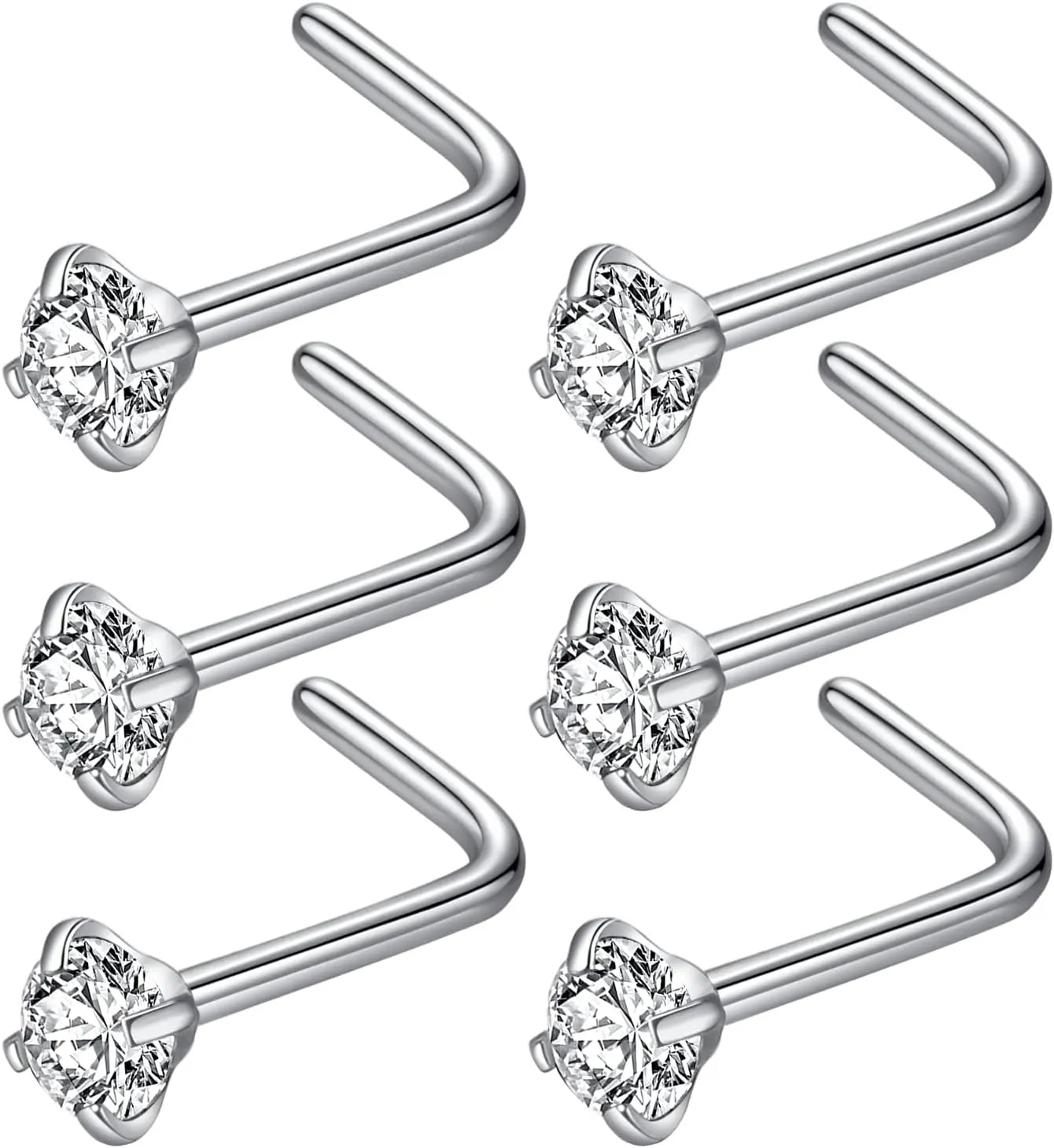 Women's 316L Surgical Steel L-Shape Nose Studs - 22g/20g/18g Gauges, 1.5mm/2mm/2.5mm/3mm CZ Accents, Nostril Piercing Body Jewelry