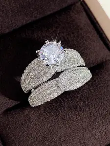 Women's Elegant Rhinestone Decor Engagement Rings, 2pcs/set Trendy Luxury Promise Rings, Chic Gorgeous Jewelry As Gift for Girlfriend, Acquired Style Ring