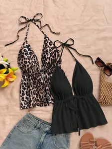 Fashion Chic Sexy Women's Backless Top Set, Leopard Print Adjustable Halter Tie Design, Trendy Fitted Spaghetti Strap Tank, Perfect for Summer Vacation, Date, Travel, Commuting Womenswear