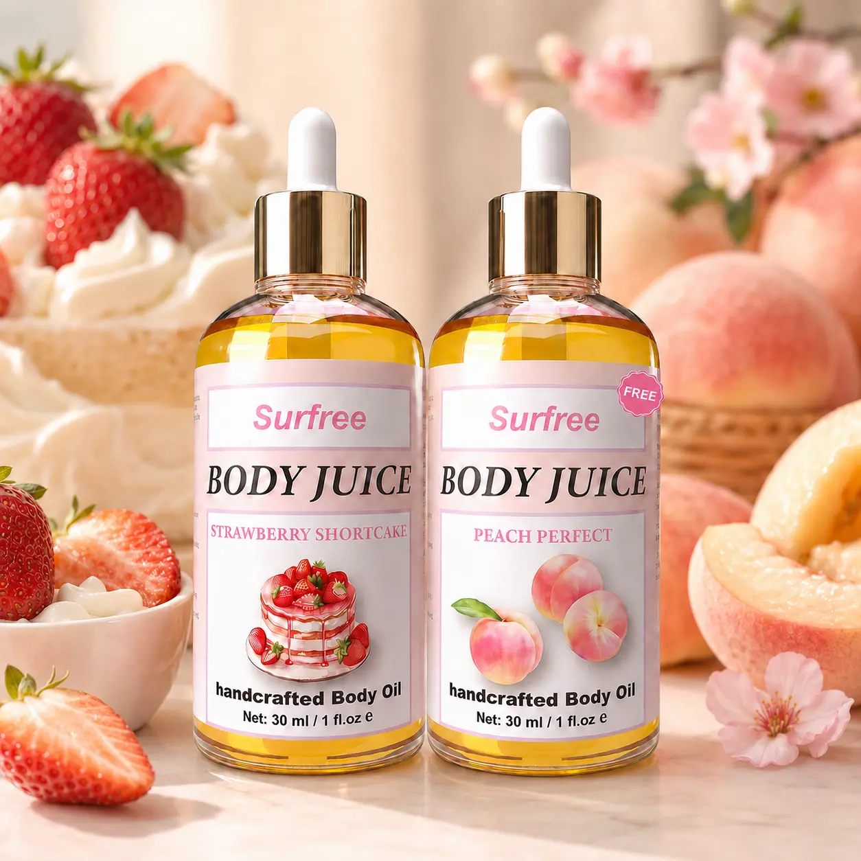 [BOGO FREE] Moisturizing Scented Body Oil (30ml×2) with Dropper - Strawberry Dessert & Juicy Peach Fragrance, Lightweight Fruity Aroma Moisturizer for Women, After-Shower Care