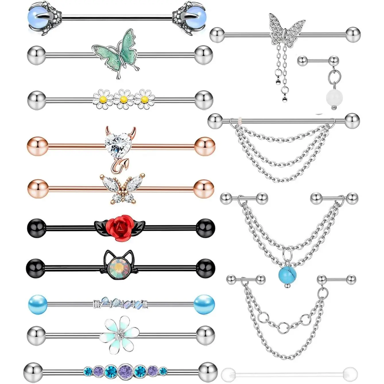9-16pcs 14G Industrial Piercing Stainless Steel Industrial Earrings Barbell with Chain Dangle for Women Men Cartilage Stud Industrial Piercing Jewelry 1 1/2 Inch 38mm