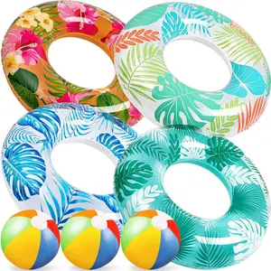 7-Pack Luau Inflatable Pool Floats - Rings, Beach Balls, Floating Tubes & Toys for Kids, Swimming Pool Beach Party Decorations