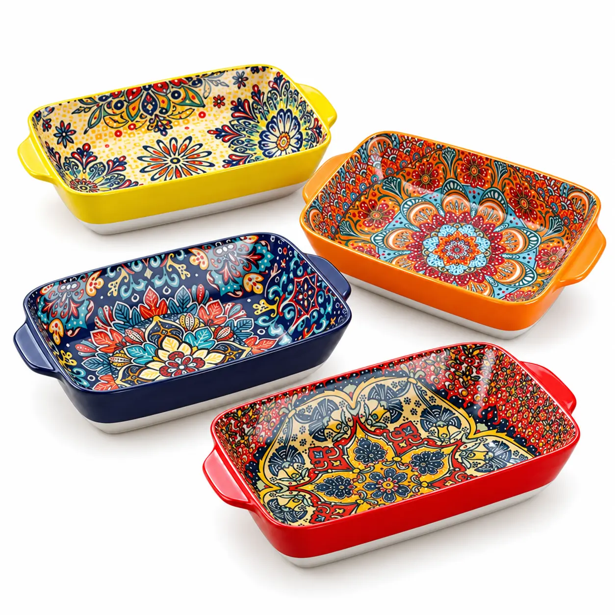 4pcs Double-Handle Ceramic Dinnerware Set - Glossy Rectangular Ceramics Plate, Microwave-Safe, Dishwasher-Safe Decorative Flower Dinner Plates for Home Buffet Serving