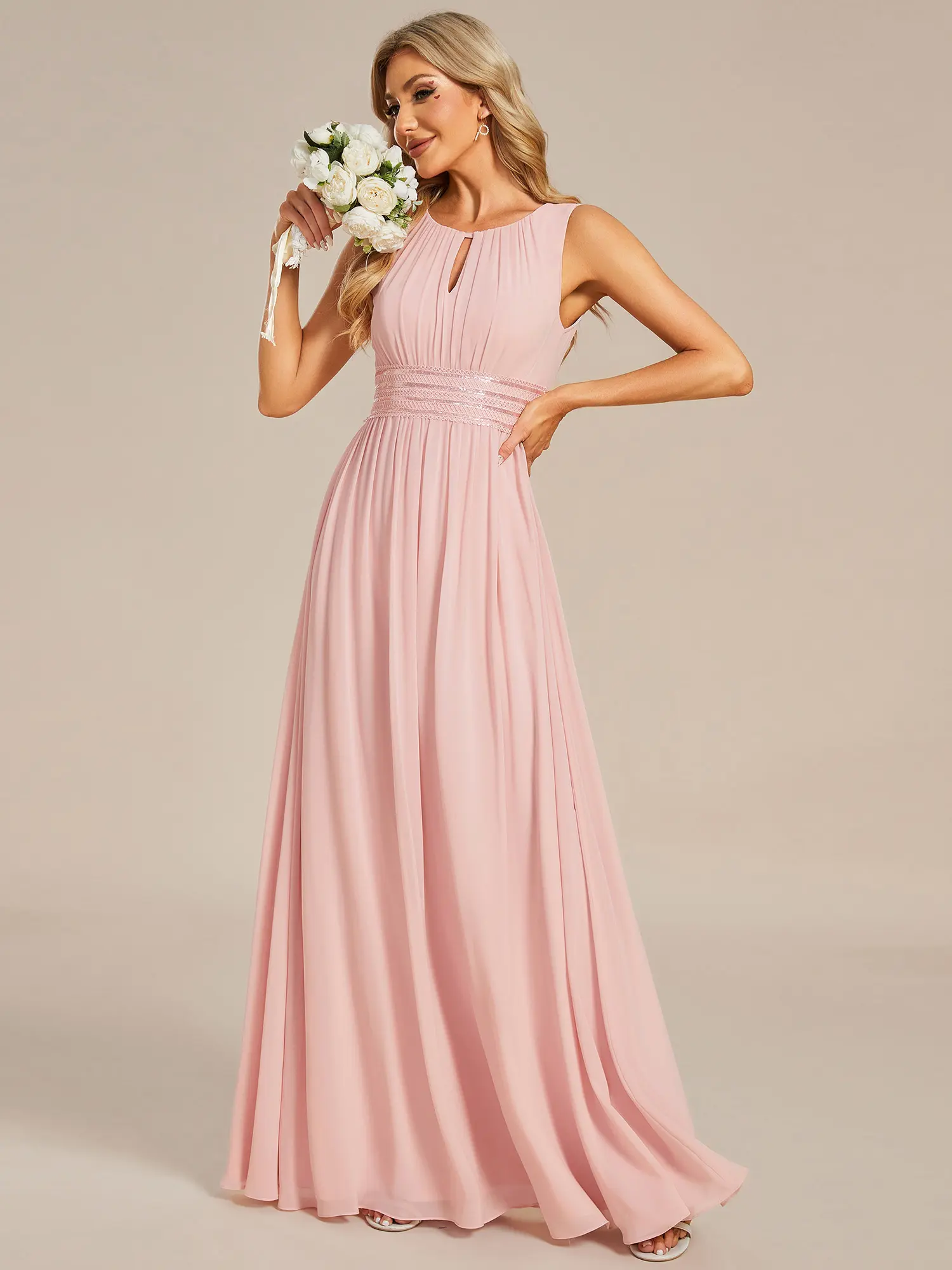 EVER PRETTY Women's Chic A-line Chiffon Bridesmaid Dress, Sleeveless Formal Wedding Guest Dresses with Hollow Out & Waist Ribbon, Basic, Formal Dresses For Women