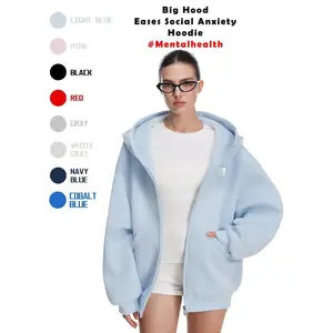 Hood Eases Social Anxiety Hoodie High Neck Oversized Unisex Embroidered Letter Fall Cardigan Zip Up Suitable Menswear Womenswear Sweatshirt Pullover Heavyweight#Mentalhealth Tops Casual