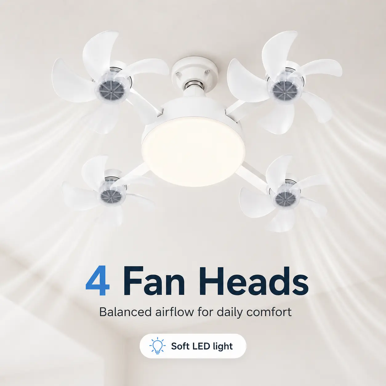 19.69 in Screw-in LED Ceiling Fan Light with Remote Control, E26/E27 Base, 4 Foldable Fan Heads, Quiet Airflow, Bright Lighting, Easy Installation for Bedroom, Living Room, Small Indoor Spaces
