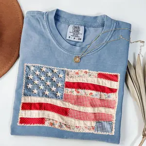 Comfort Colors Patchwork American Flag Shirt, Vintage Quilt Style Unisex T-shirt