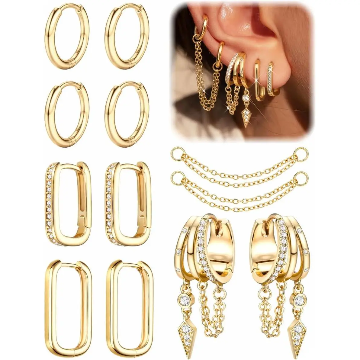 Earring Stacks - Non Tarnish 14K Gold Plated Surgical Steel Earring Dainty CZ Huggie Dangle Hoops Cartilage Illusion Claw Chain Earring Pack Multiple Piercing Jewelry Trendy