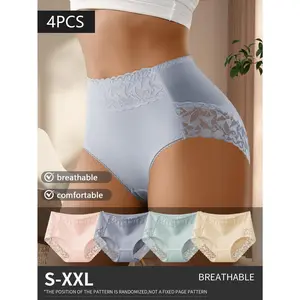 QUASTI 4 PCS High Waisted Lace Sexy Cotton Briefs Pack for Ladies, Soft Comfy Breathable Hip Lifting Skin Friendly Panty, Color Mixing Womenswear Seamless No-Show Underwear, High elasticity Fashion Comfortable Panties, S-XXL Clothes Fit