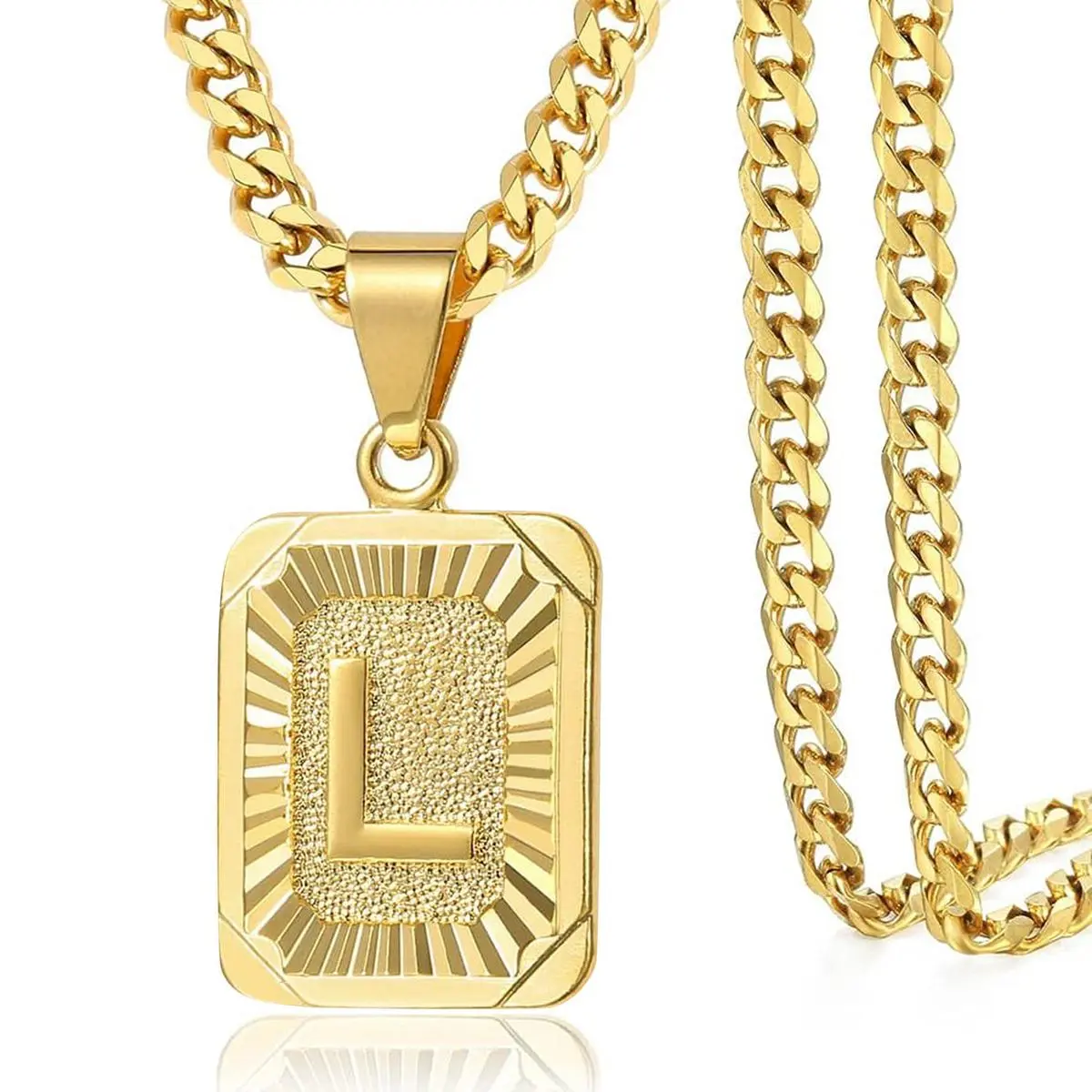 Mens Women Initial Pendant Necklace, 26 Letter Square Stainless Steel Cuban Necklace, A to Z Letter Necklace, Unisex