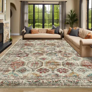 【GARVEE】Machine Washable 5x7 Area Rug - Non-Slip, Low Pile Vintage Style, Soft Faux Wool, Non-Shedding, Foldable Distressed Multicolored Accent Carpet for Living Room