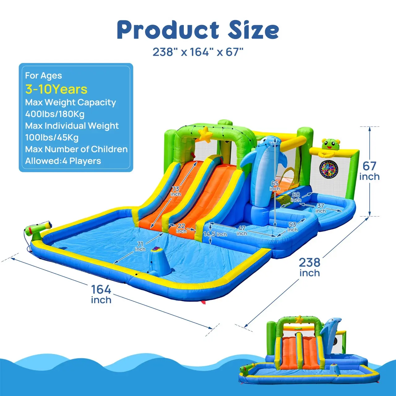 9-in-1 Inflatable Bounce House Water Park Play Set with 9 in 1 Structure - Inflatable Kiddie Pool, Water Slides, Blower, Sprinkler Fountain, Colorful Design for 3-12 Years Kids' Outdoor Play, Birthday Bash